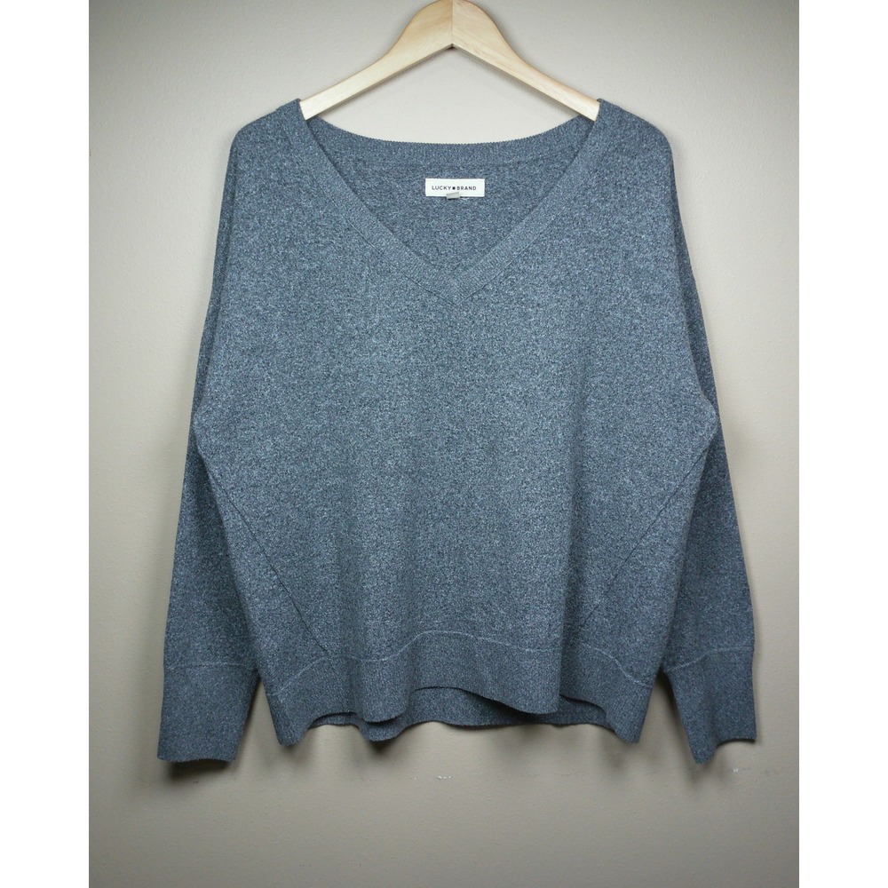 Lucky Brand Grey V-Neck Oversized Knit Sweater Heathered Charcoal Pullover L - Picture 2 of 11